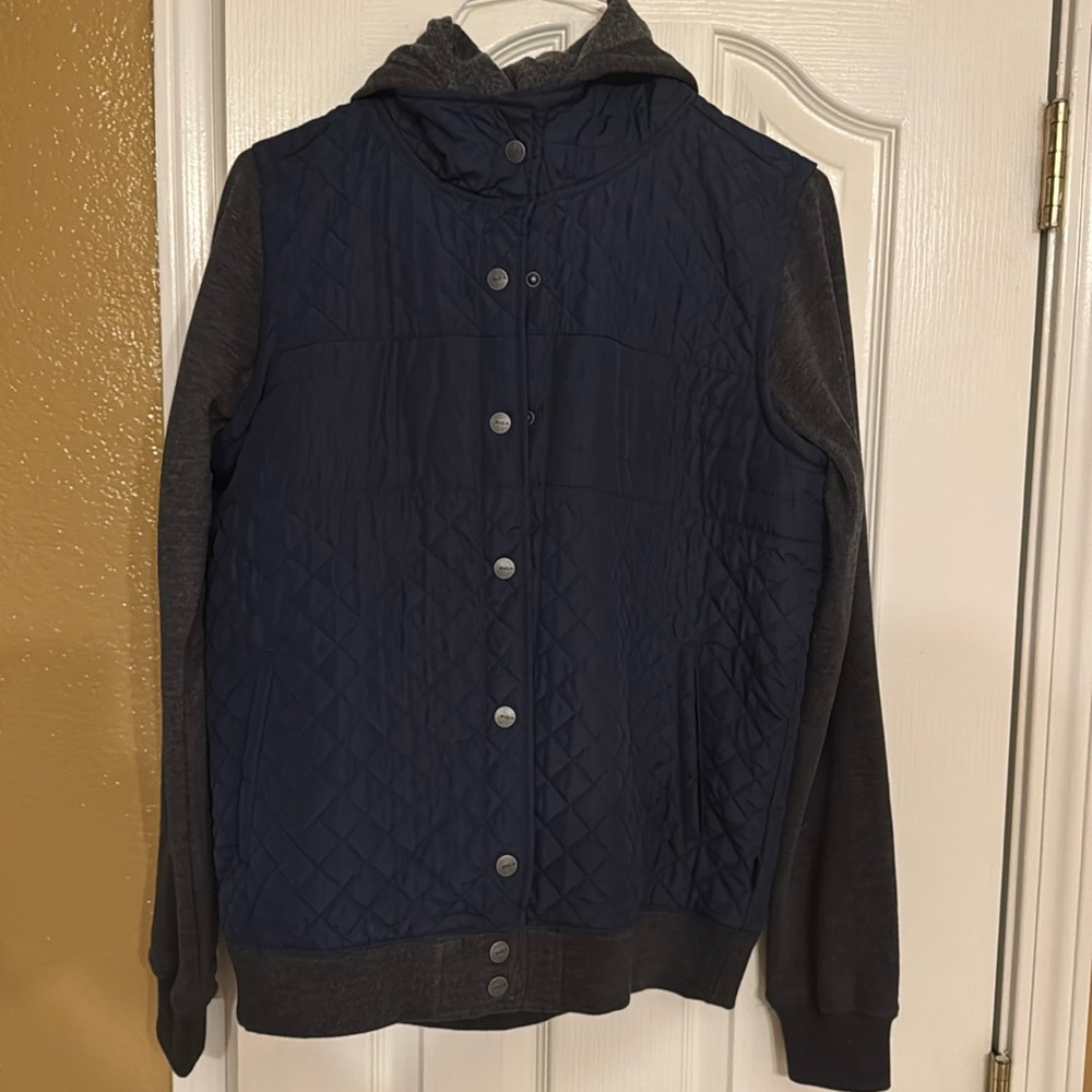 Women RVCA lightweight button up hoodie, size large, navy body gray sleeves
